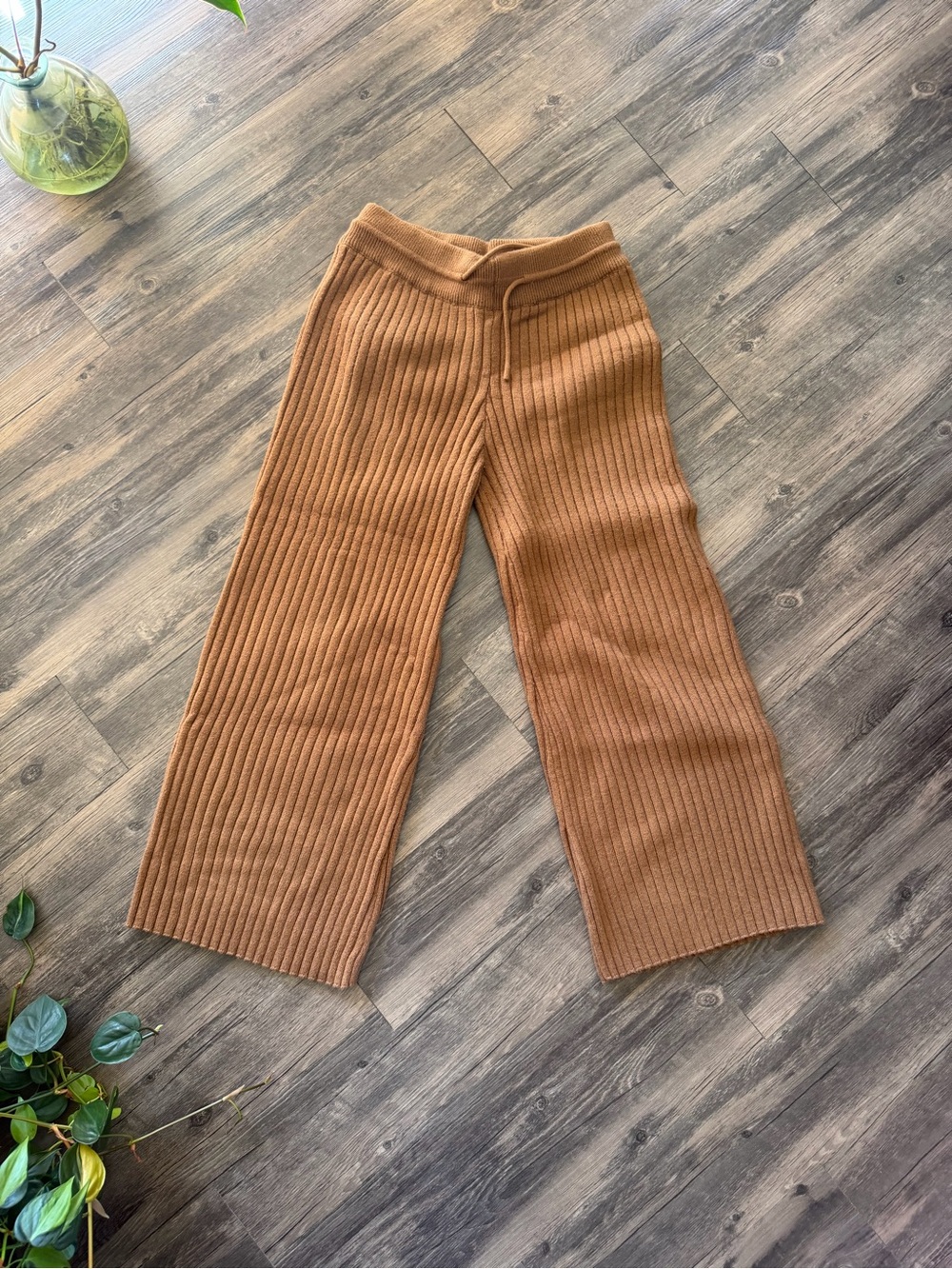Zara Ribbed Wide-Leg Knit Pants — Camel Brown